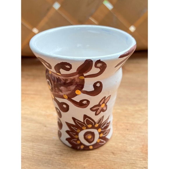 Ceramic Vase/Pen-Pencil Holder Brown Designs on White/Genuine 18k Gold Accents - Picture 7 of 7